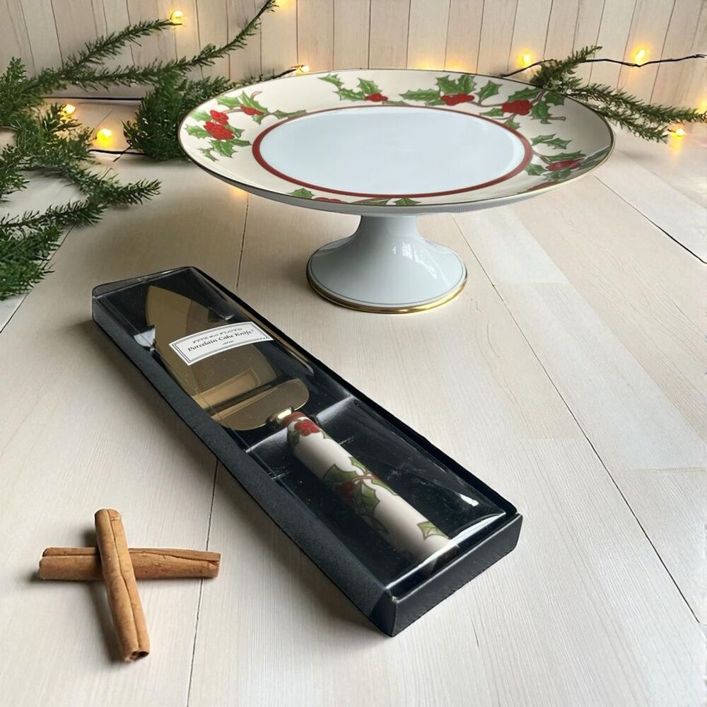 Fitz & Floyd “Christmas Holly” Cake Stand & Server – Vintage Japan unused